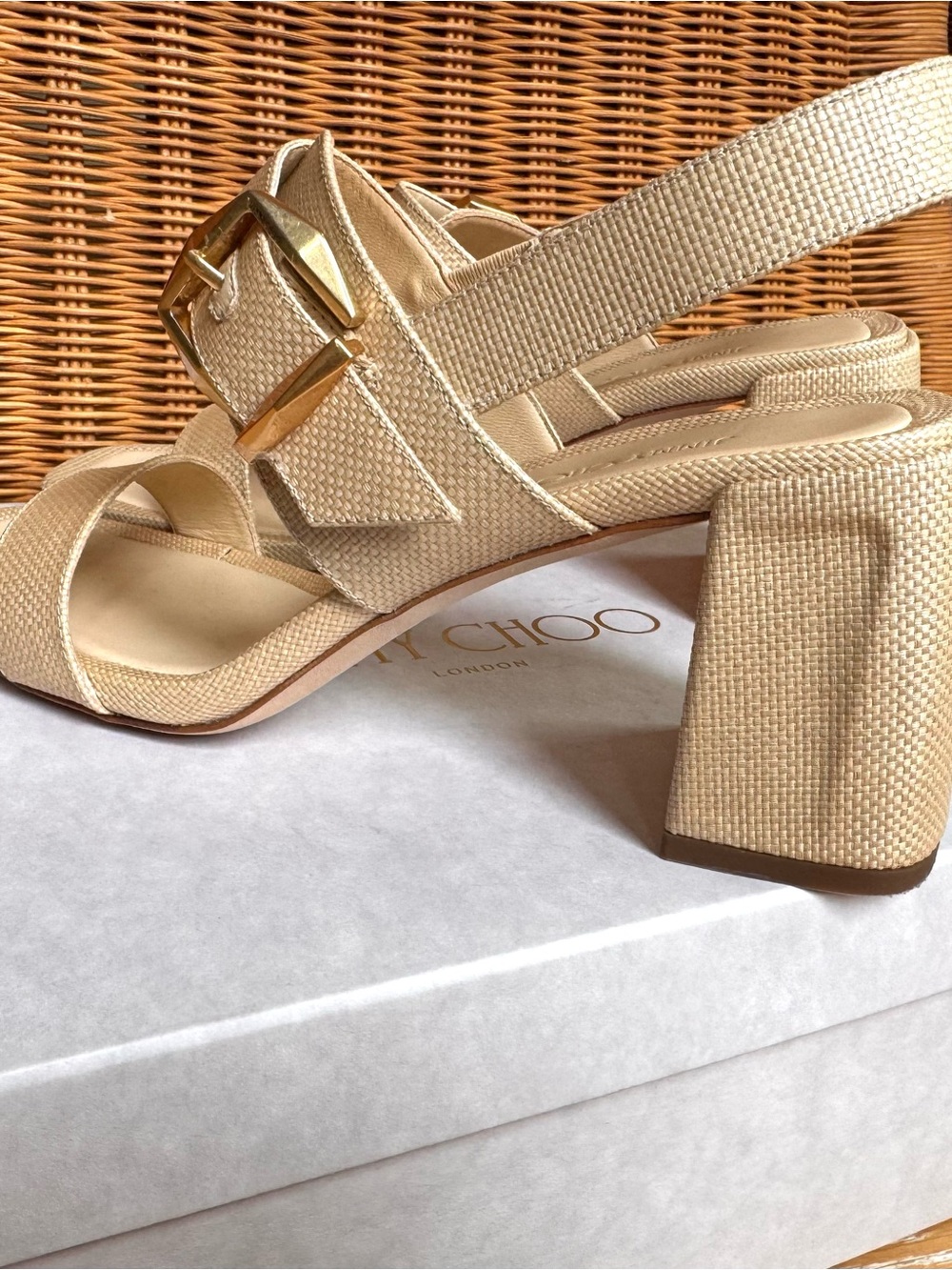 Jimmy Choo Cream Textured Block Heel Sandals with Gold Buckle